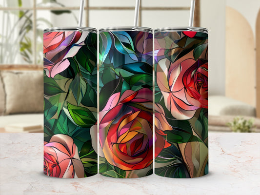 Three tumblers with colorful rose and leaf stained glass design.