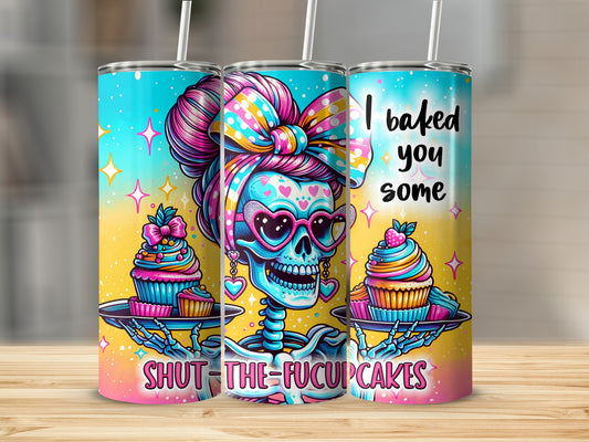 Skeleton wearing sunglasses and bow holds cupcakes; "I baked you some" text.