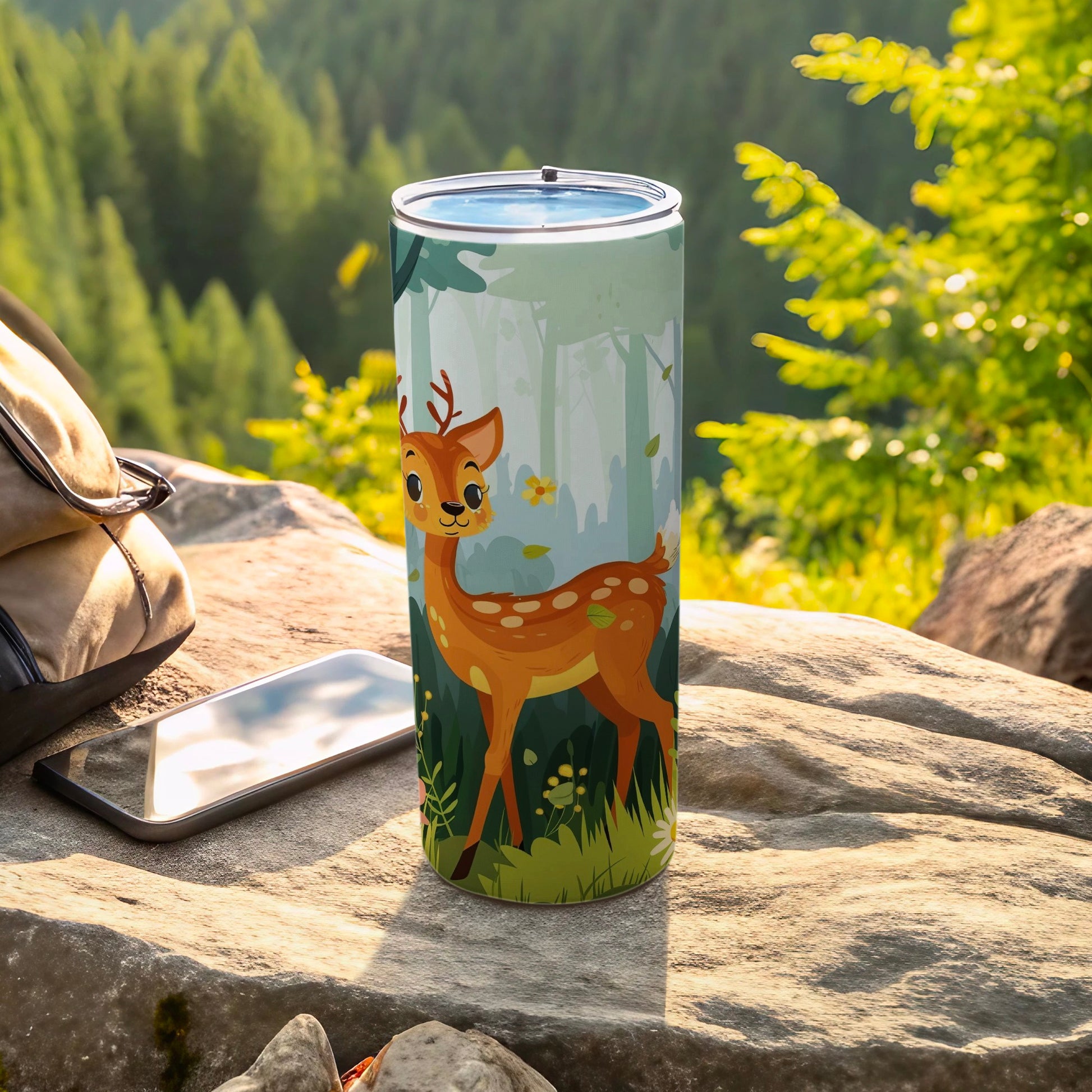 Whimsical cartoon fawn nature scene tumbler product type