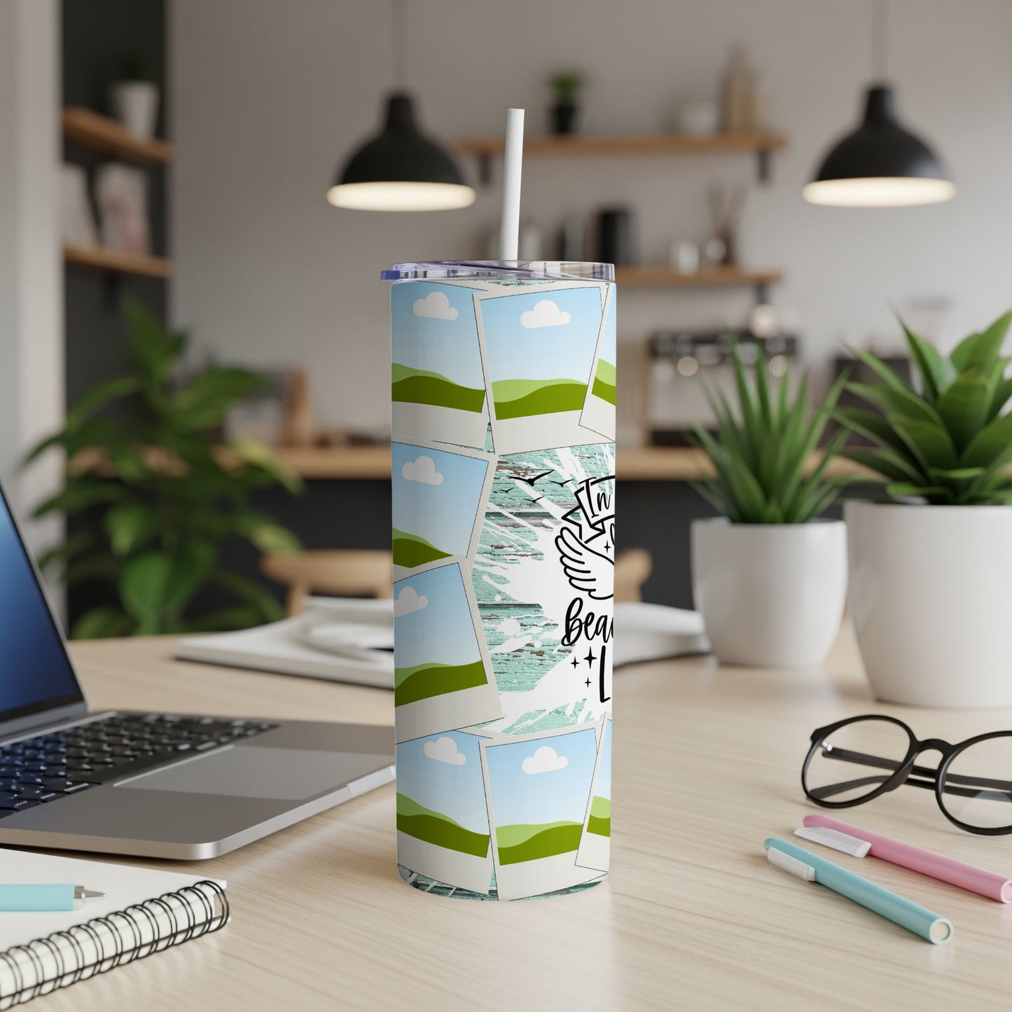 Tall tumbler with scattered photo frames and "Inhale Beach Exhale Bliss" text.