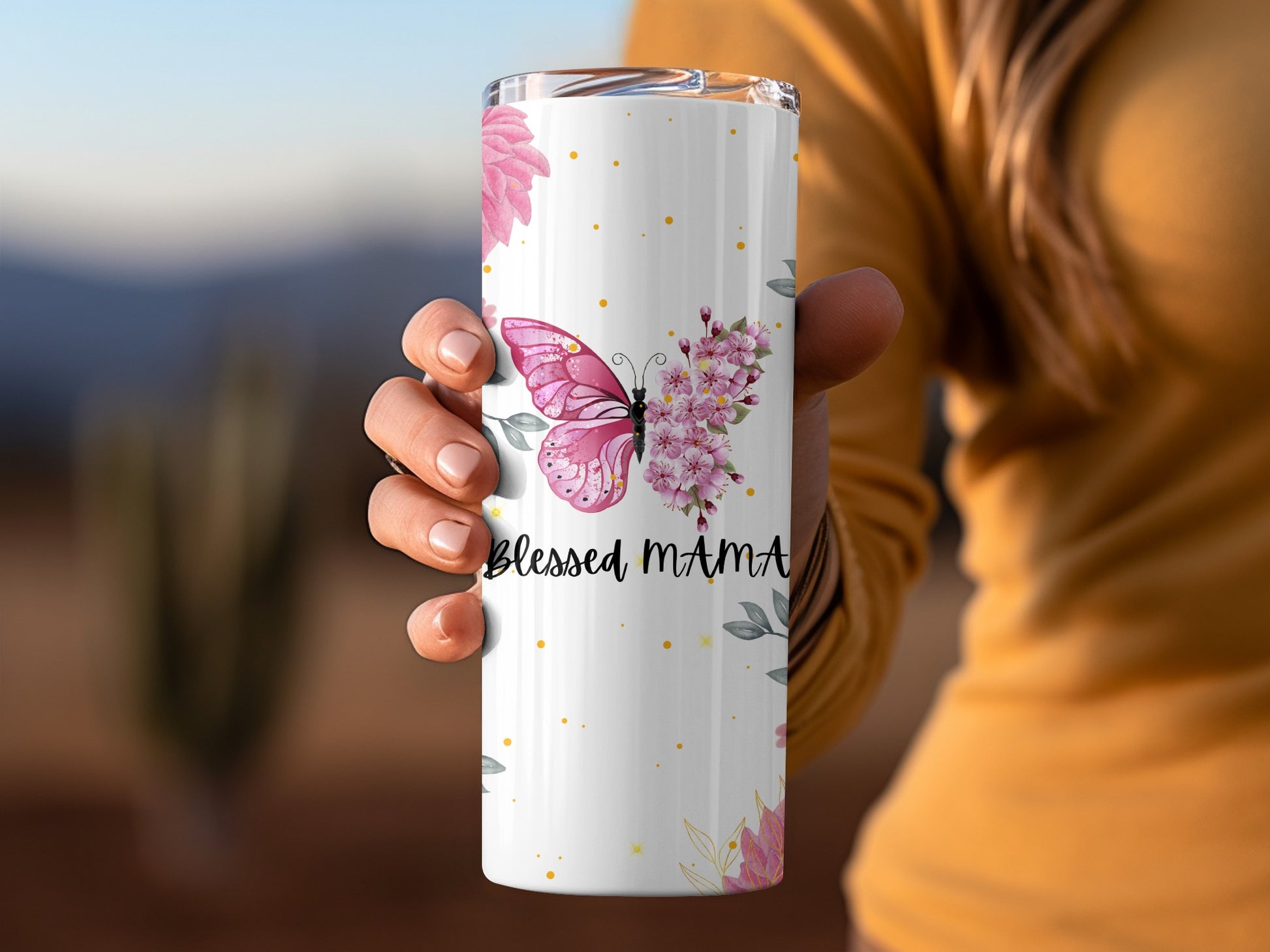 Blessed Mama Tumbler with Butterfly and Flowers Design