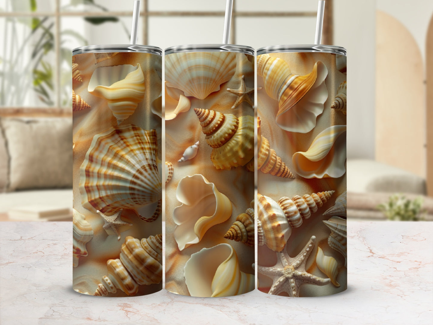 Tumbler featuring a seashell and starfish pattern on a textured background.