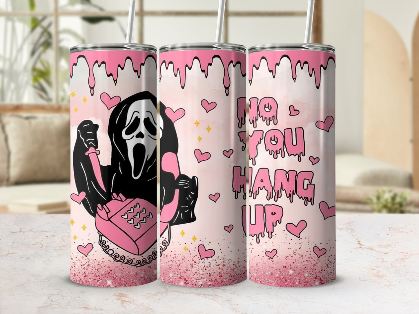Ghostface mask holding pink phone with text "NO YOU HANG UP"