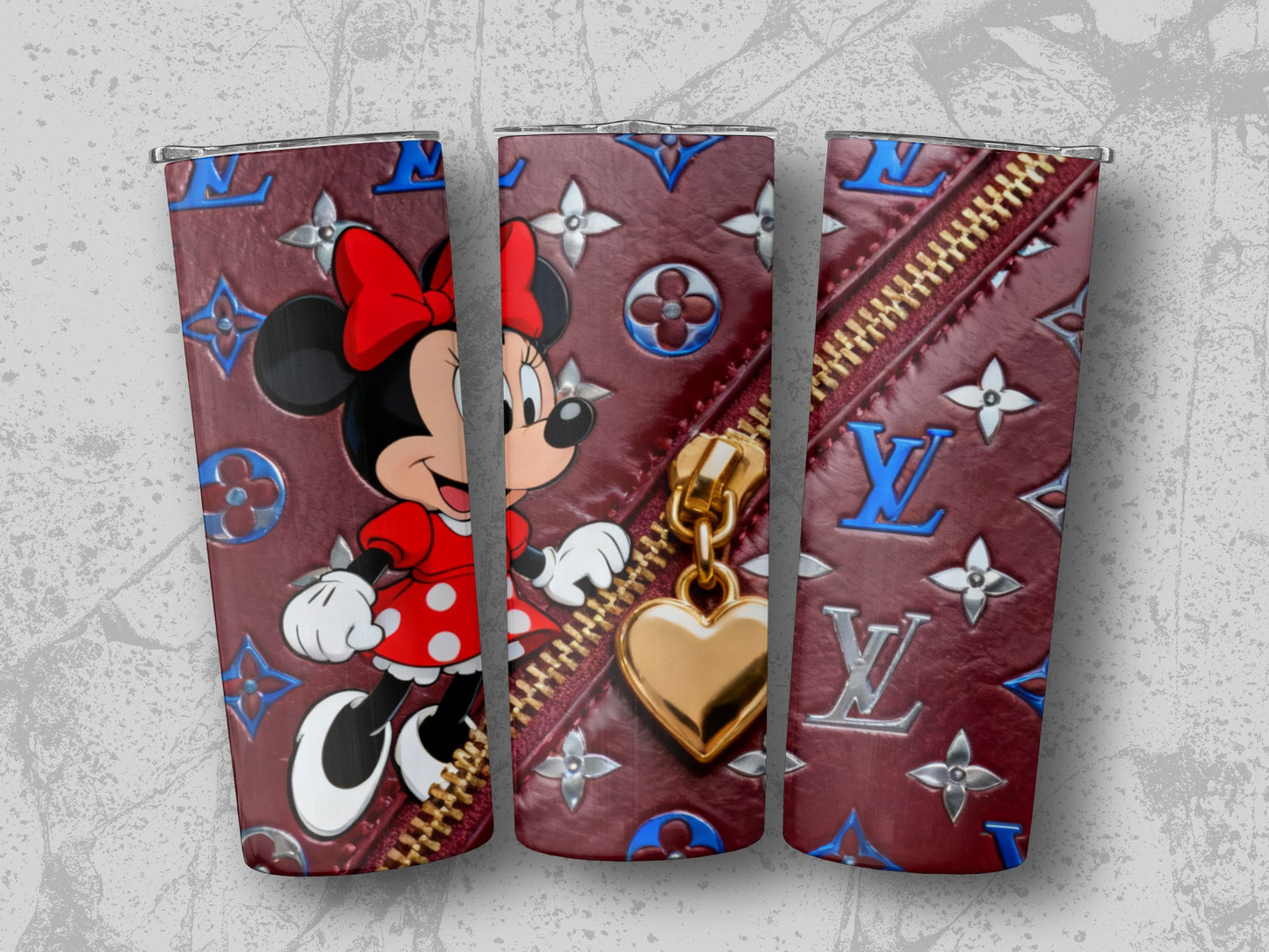 Minnie Mouse on dark patterned background with gold zipper and LV logos.