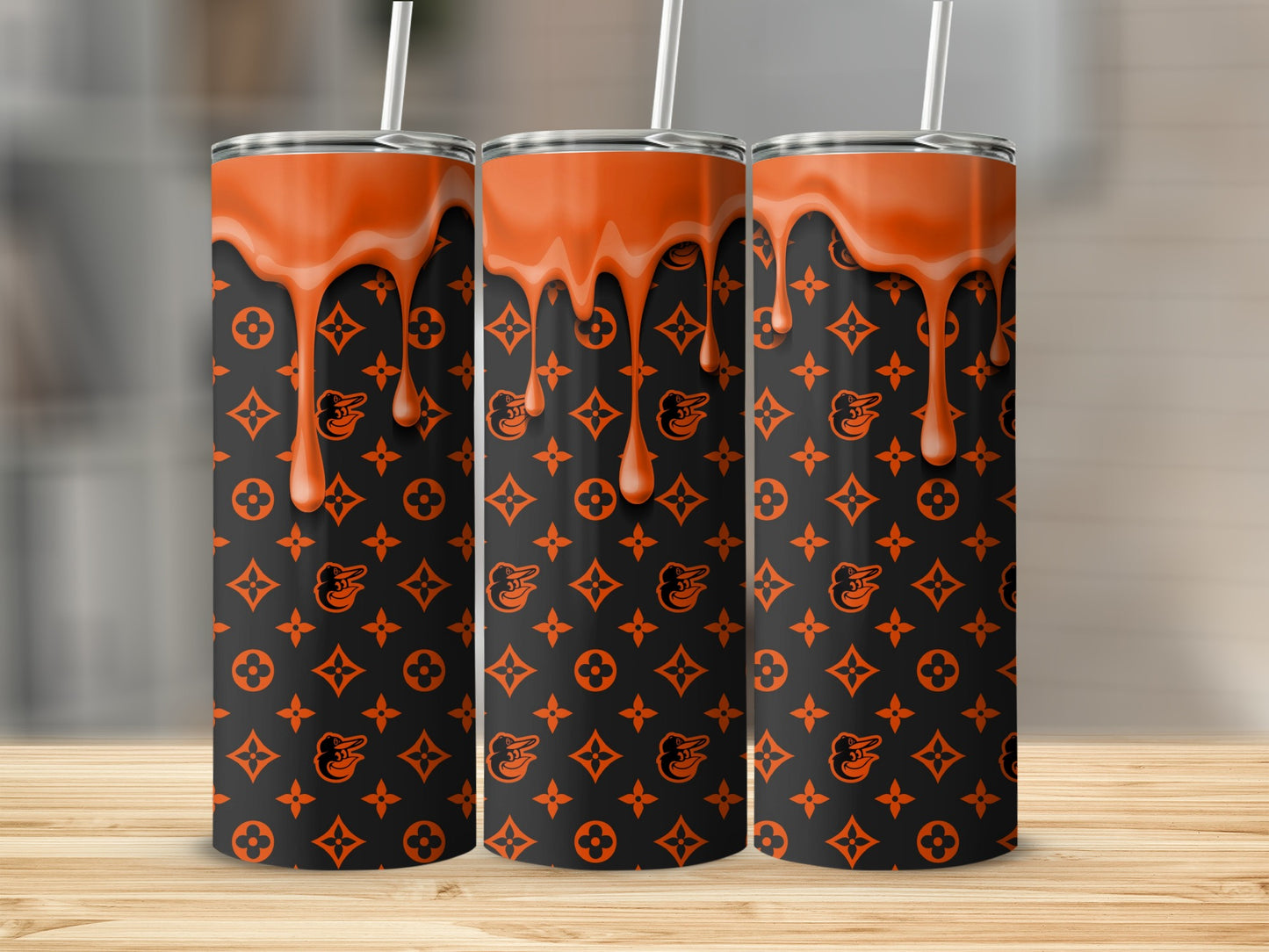 Orange Drip With Baltimore Orioles Pattern Tumblers