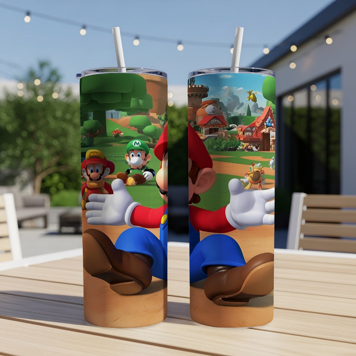 Mario and Luigi characters from Super Mario game on a tumbler.