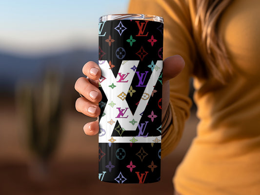 Colorful Patterned Tumbler with LV Logo Design