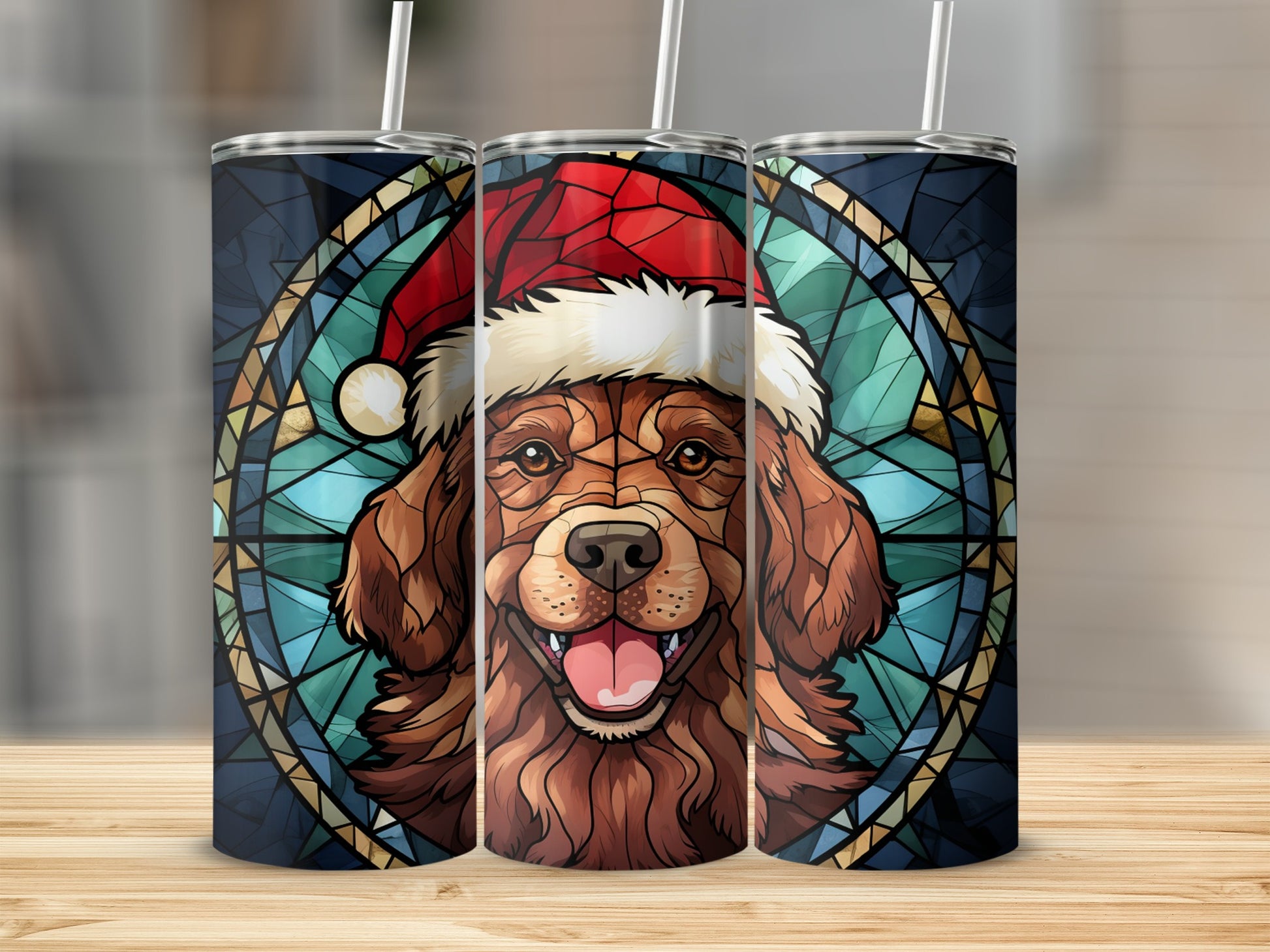 Golden retriever wearing Santa hat, stained glass background, on three tumblers.