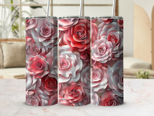 Three tumblers with a repeating pattern of pink and white roses.