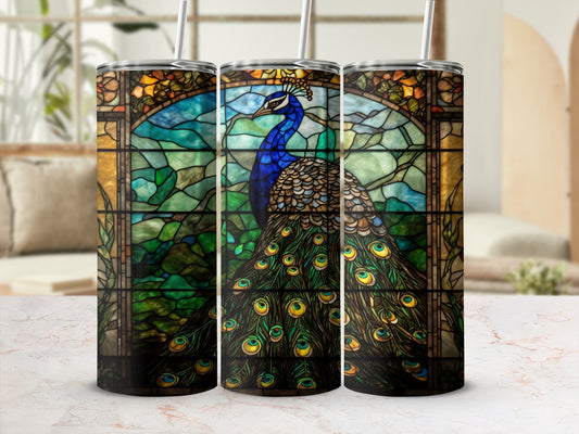 Stained glass peacock design on three tumblers.