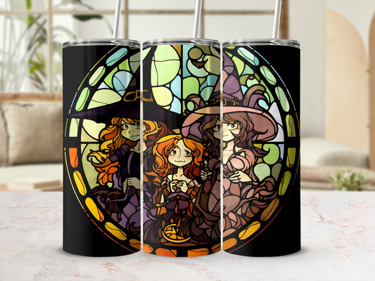 Three witches in stained glass style design on black tumblers.