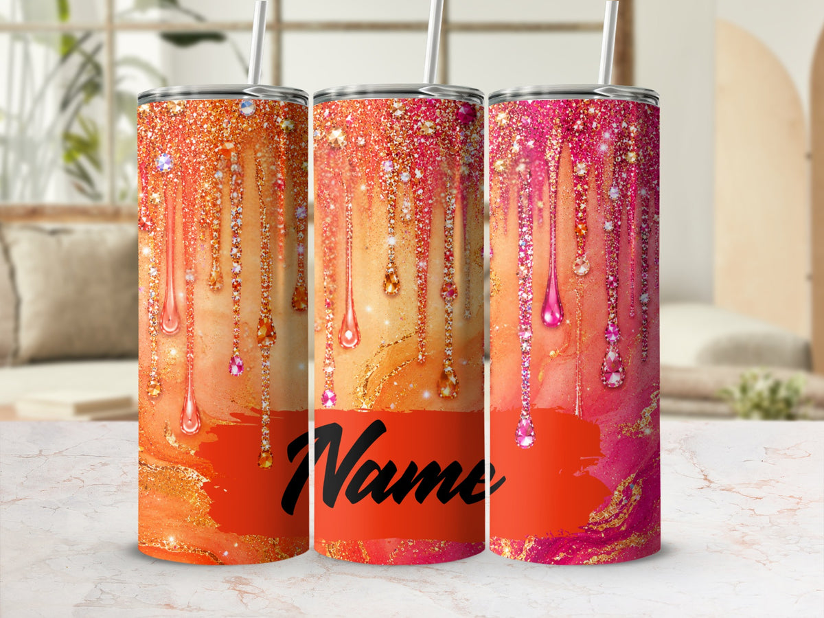 Three tumblers with glitter and jewel drips, one showing "Name".