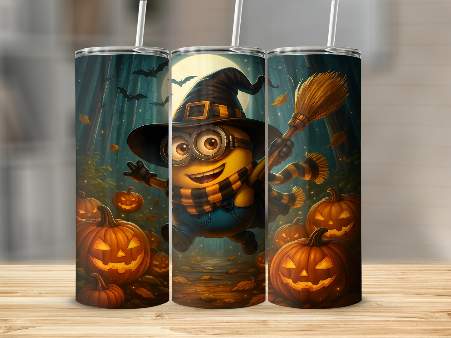 Minion in witch hat with broom, surrounded by jack-o'-lanterns in a spooky forest.