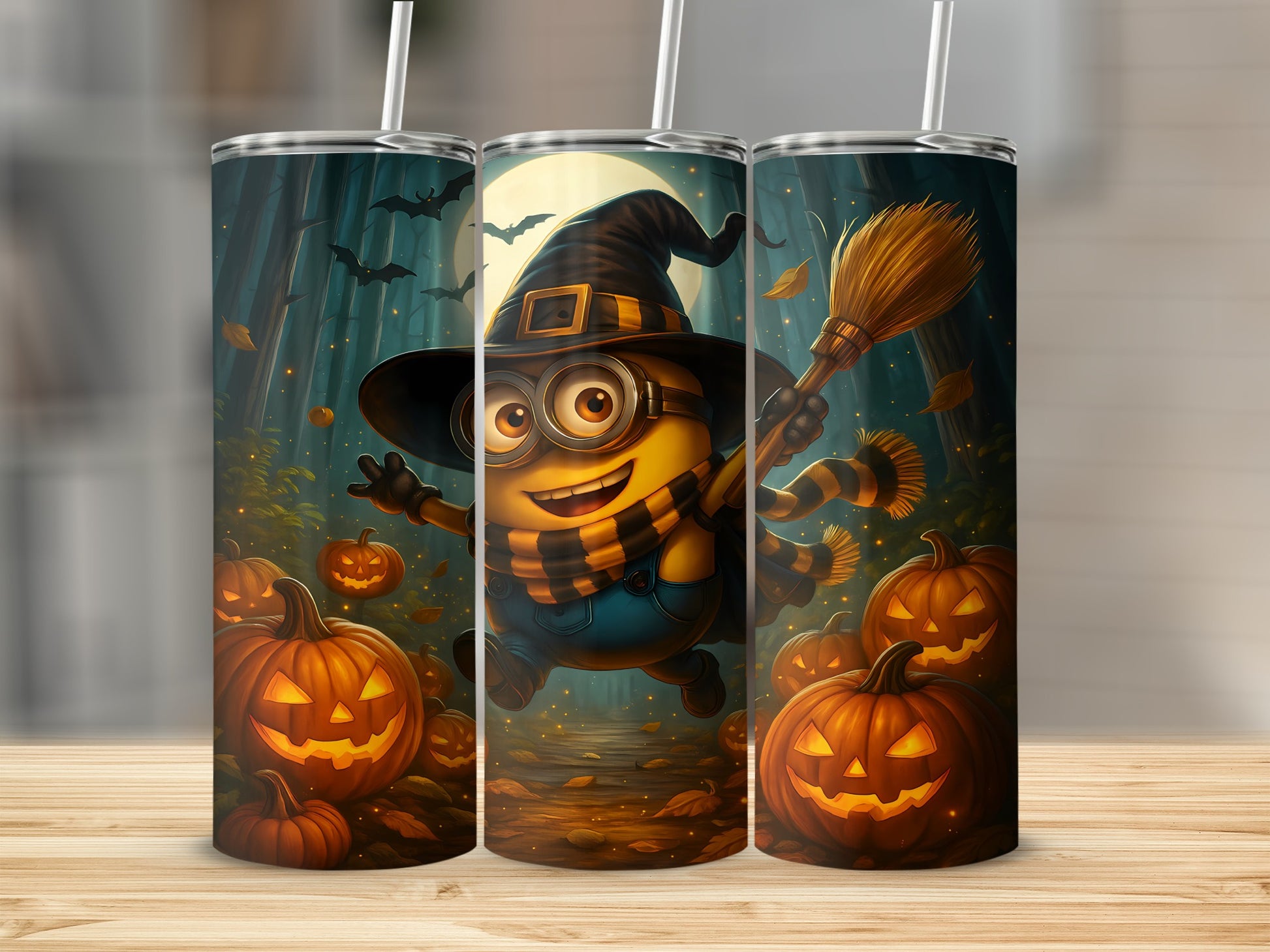 Minion in witch hat with broom, surrounded by jack-o'-lanterns in a spooky forest.