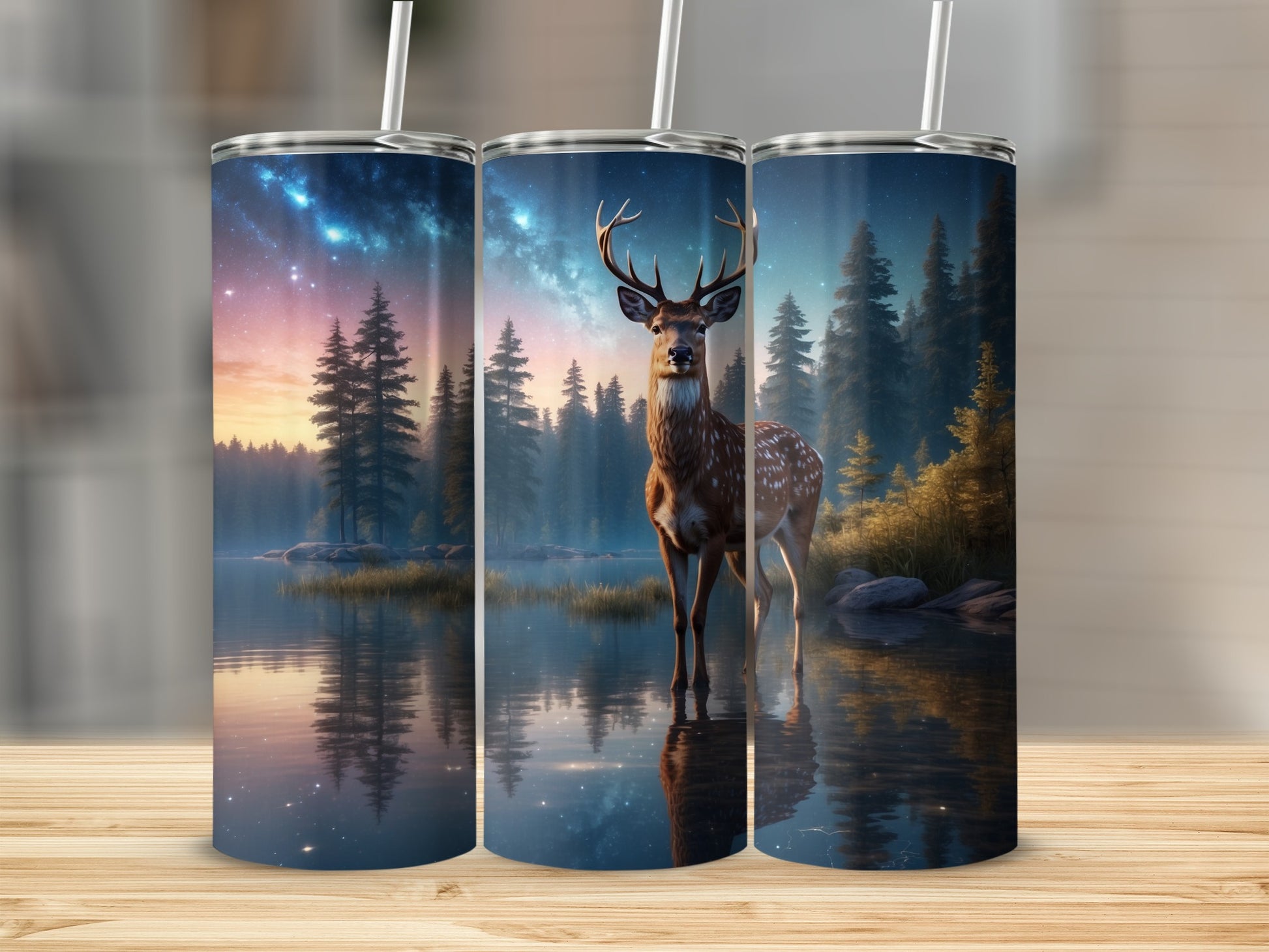 Tall tumbler with a starry night sky and deer in a forest scene.