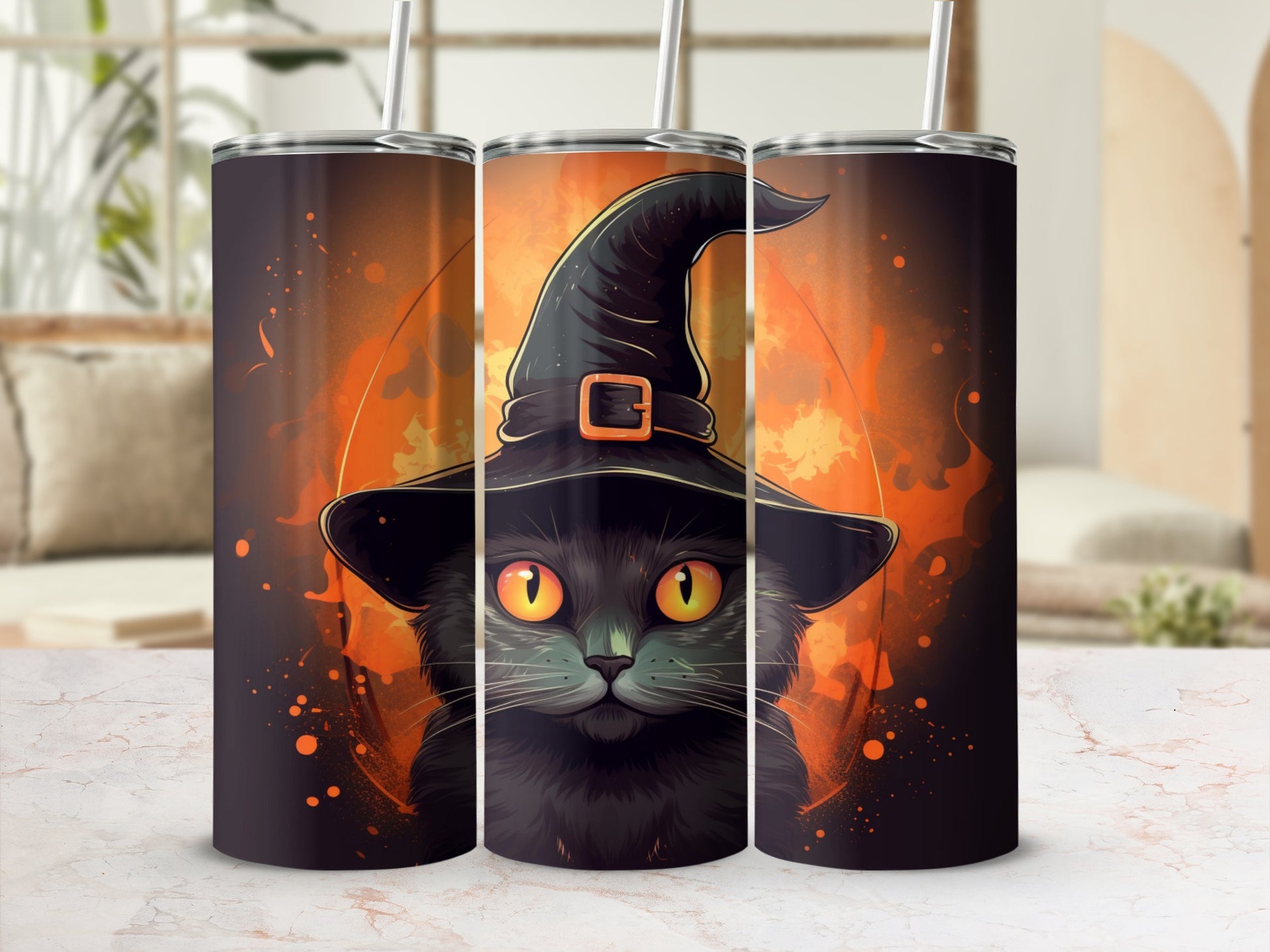 Three tumblers with a black cat wearing a witch hat and orange background.