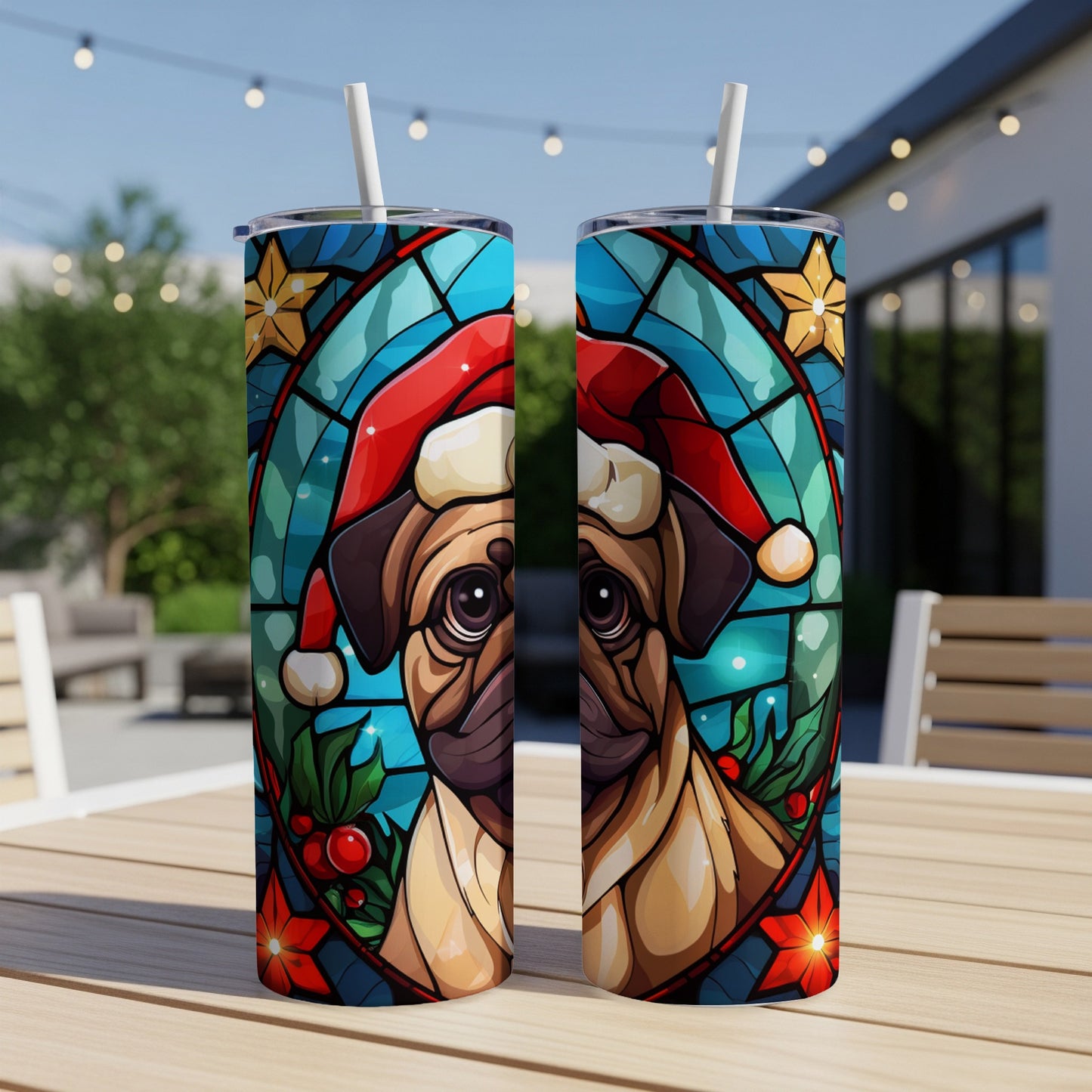 Two tumblers with stained-glass pug wearing Santa hat and holly.