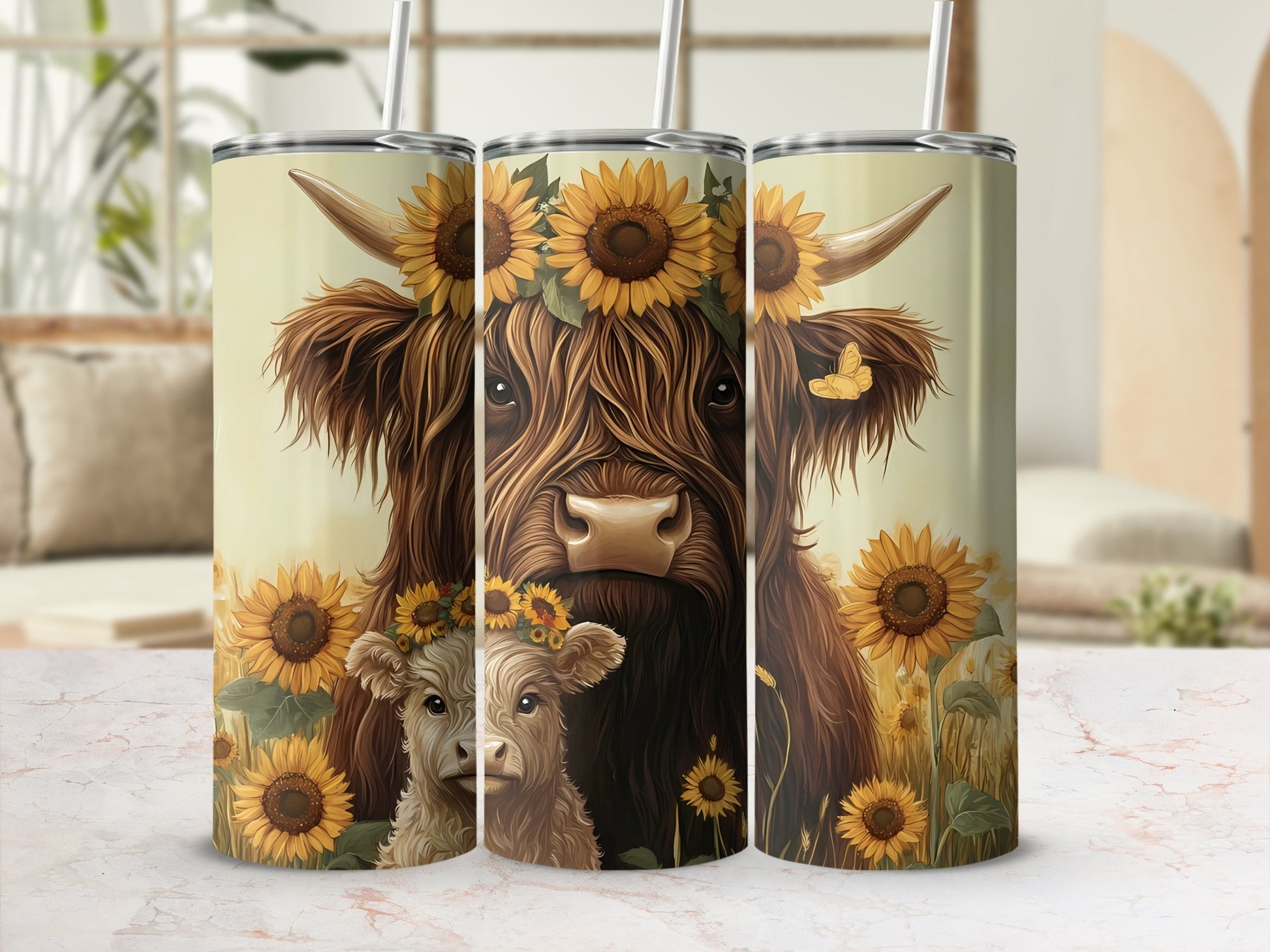 Sunflower Highland Cow Family Print Tumbler Cups Set