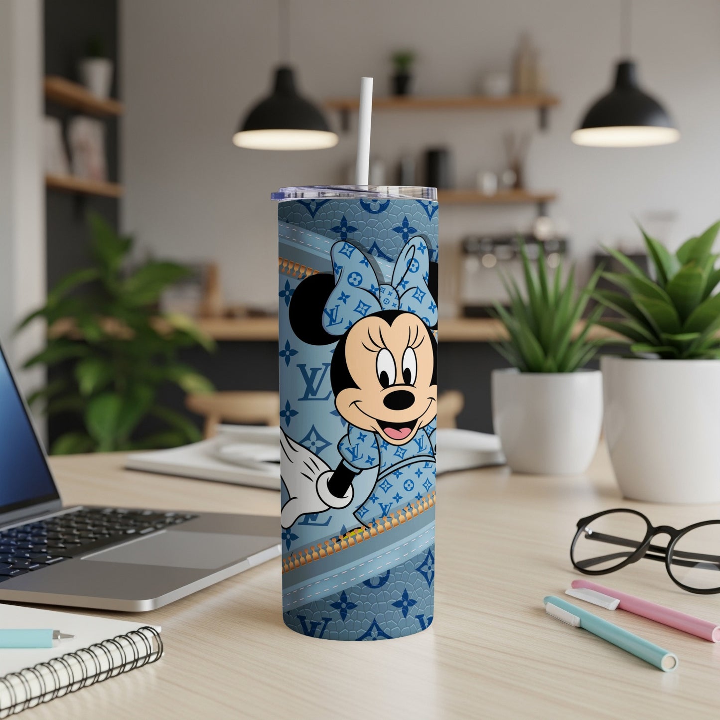 Minnie Mouse tumbler with Louis Vuitton inspired pattern.