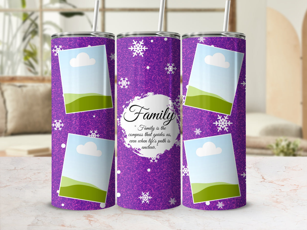 Purple glitter tumbler with snowflakes, photo placeholders, and "Family" quote.