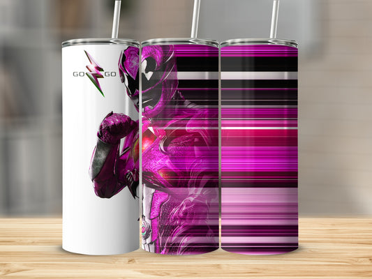 Pink Power Ranger in action with "GO GO" text and abstract pink stripes.