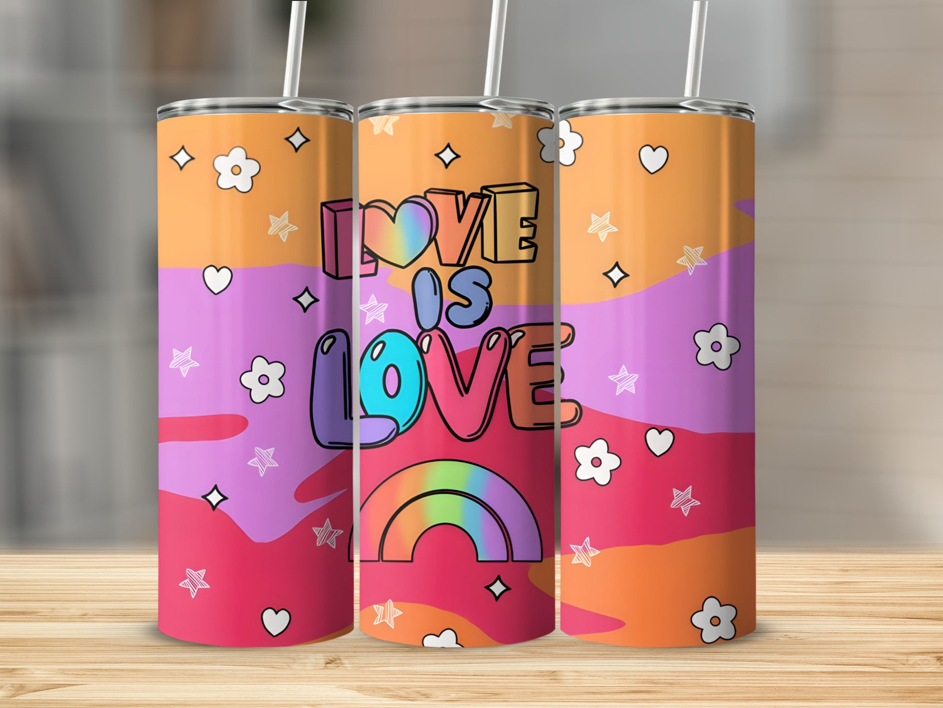 "Love is Love" text on a rainbow and star tumbler, orange and pink background.