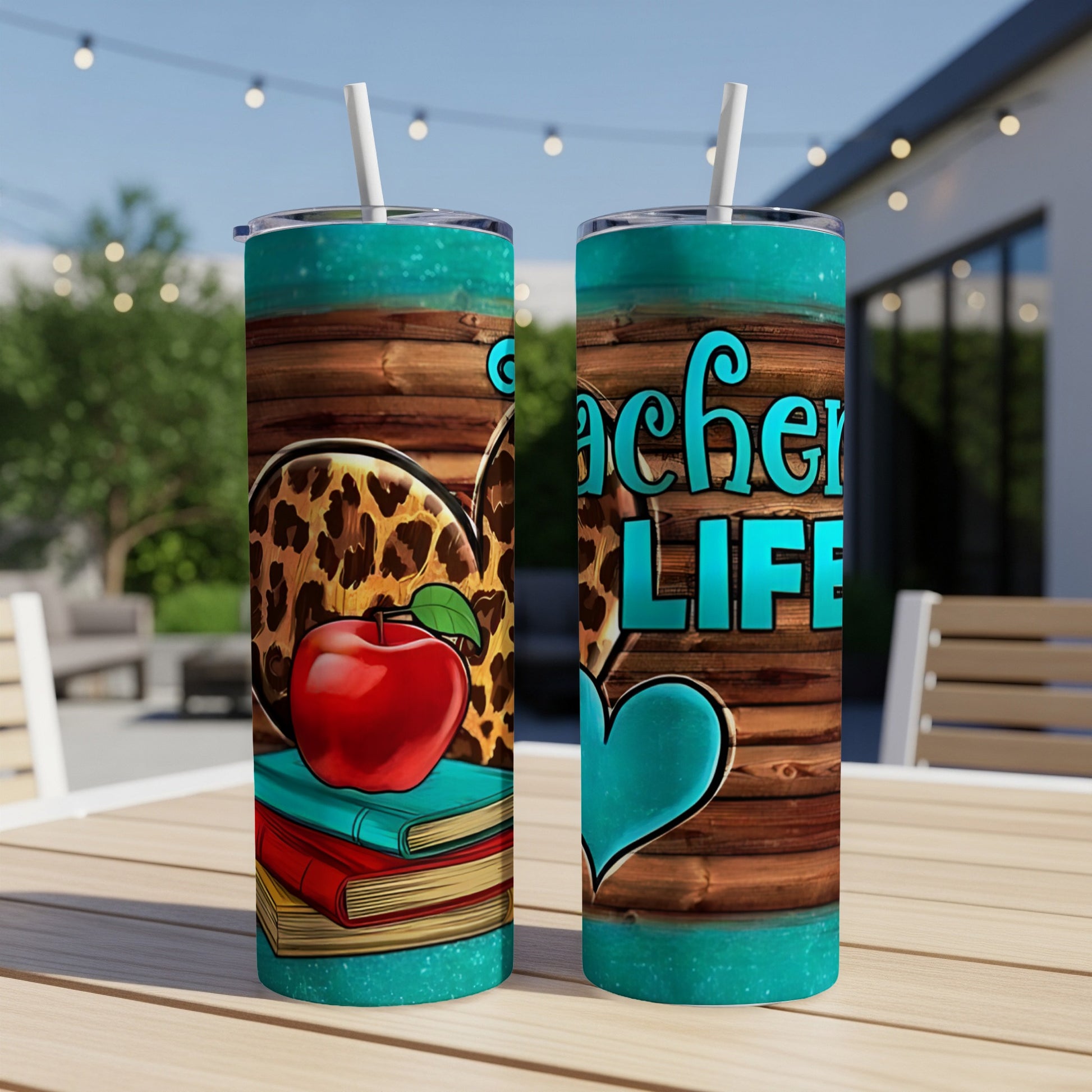 Teacher Life tumbler with apple and books design.