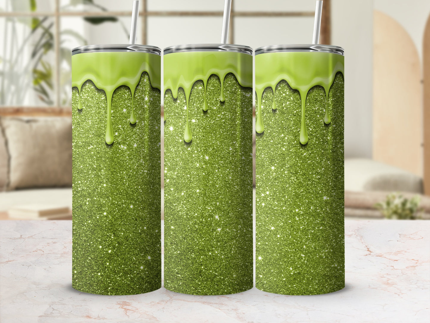 Glittery Green Tumbler with Stylish Dripping Paint Design
