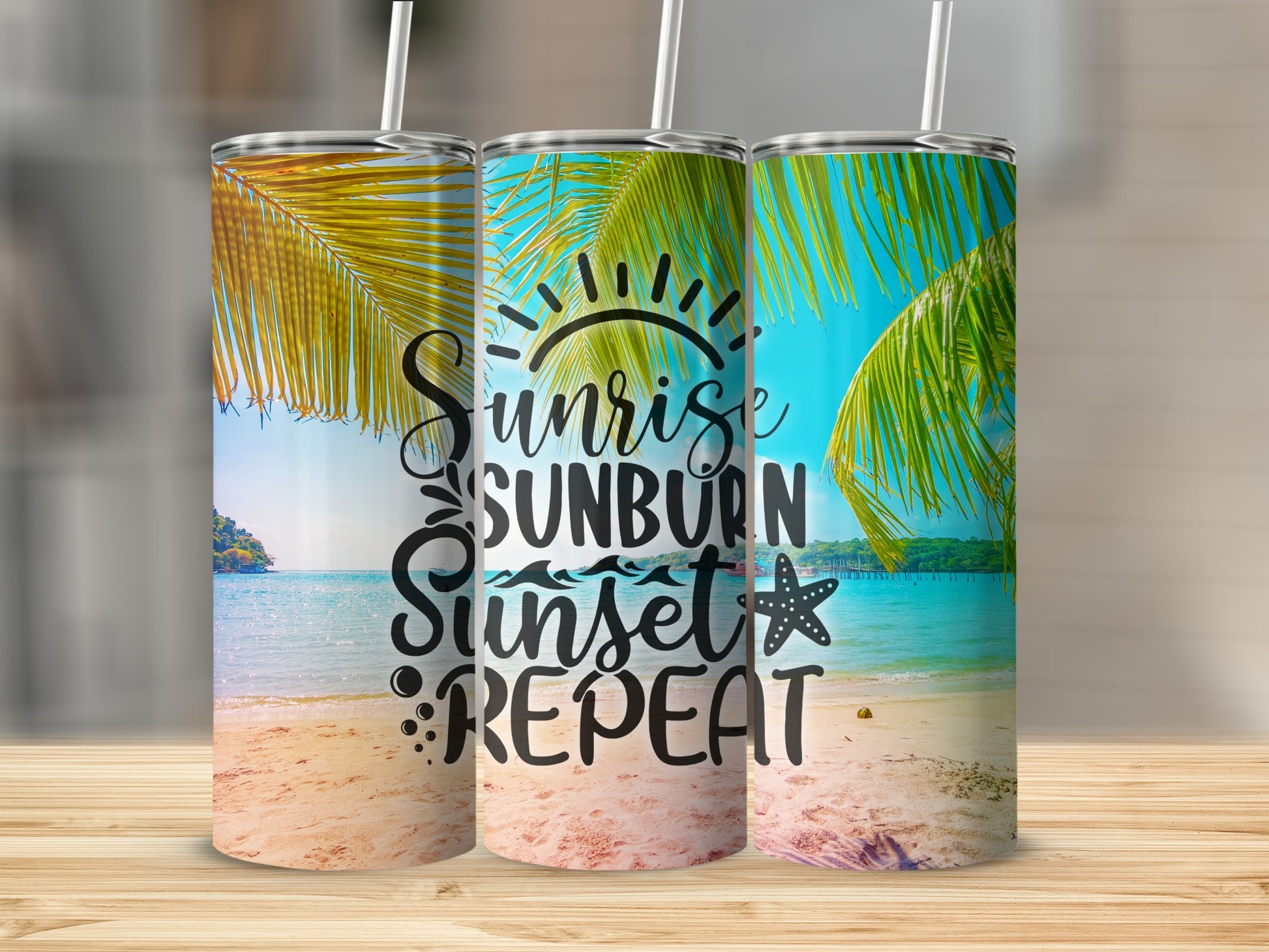 Sunrise Sunburn Sunset Repeat beach scene tumbler with palm fronds.