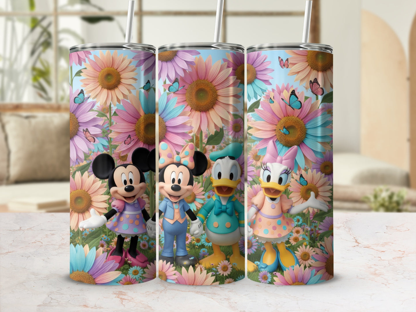 Colorful Disney Characters Floral Design Tumbler Set