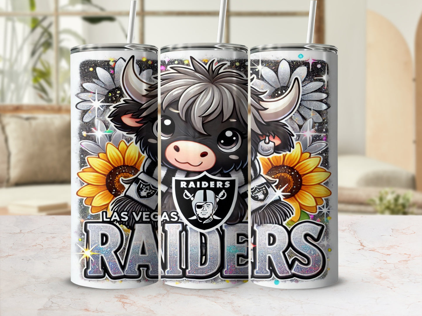 Las Vegas Raiders tumbler with cute cow and sunflowers design.