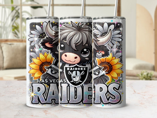 Las Vegas Raiders tumbler with cute cow and sunflowers design.