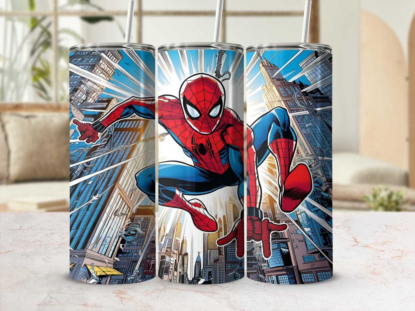 Spiderman leaping through a comic-style cityscape on a metal tumbler.