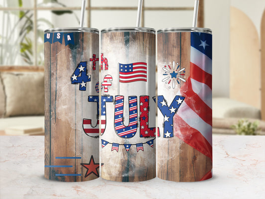 USA flag and stars patriotic Fourth of July tumbler with straw.