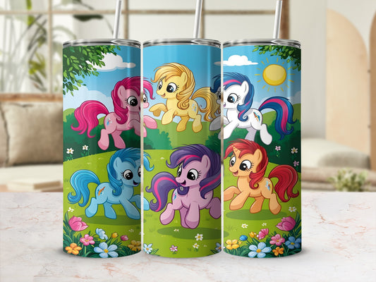 Pinkie Pie, Rainbow Dash, and Twilight Sparkle with ponies in a sunny meadow.