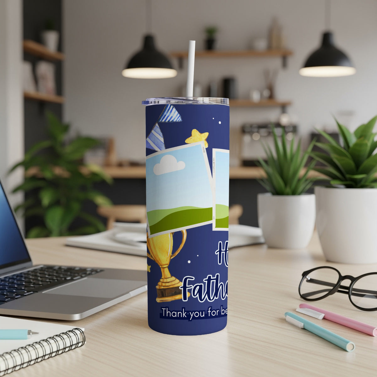 Dark blue tumbler with photos, trophy, and text "Happy Father Thank you for be".