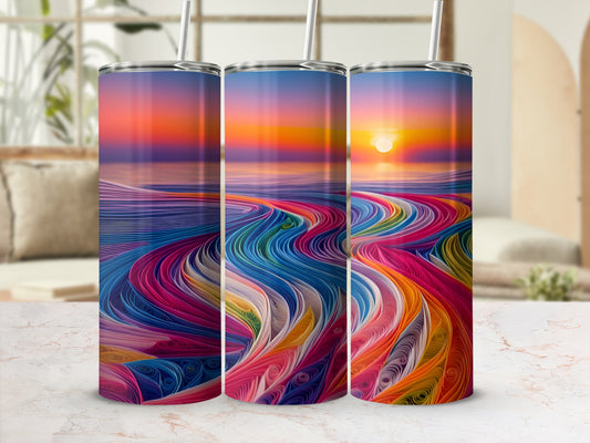 Three tumblers featuring a colorful, abstract sunset landscape design.