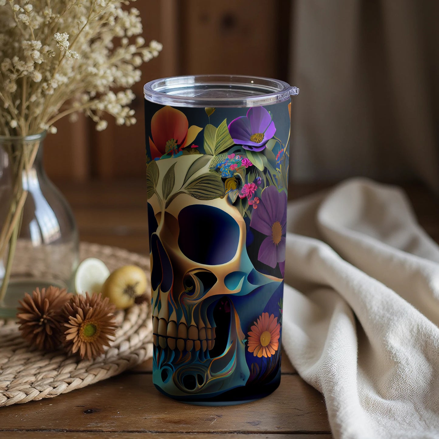 Vibrant Skull and Floral Pattern Travel Mug Design