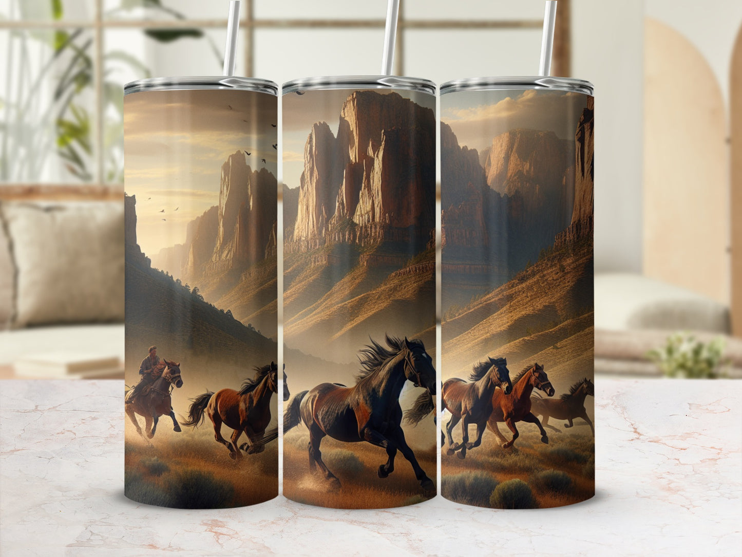 Three tumblers feature a sunset scene with horses running in a canyon.