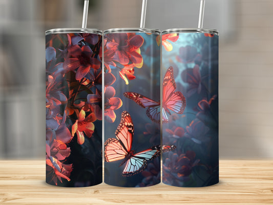 Three tumblers feature blooming flowers and orange butterflies.