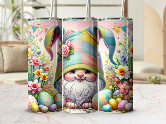 Gnome with Easter eggs and spring flowers on a patterned tumbler.