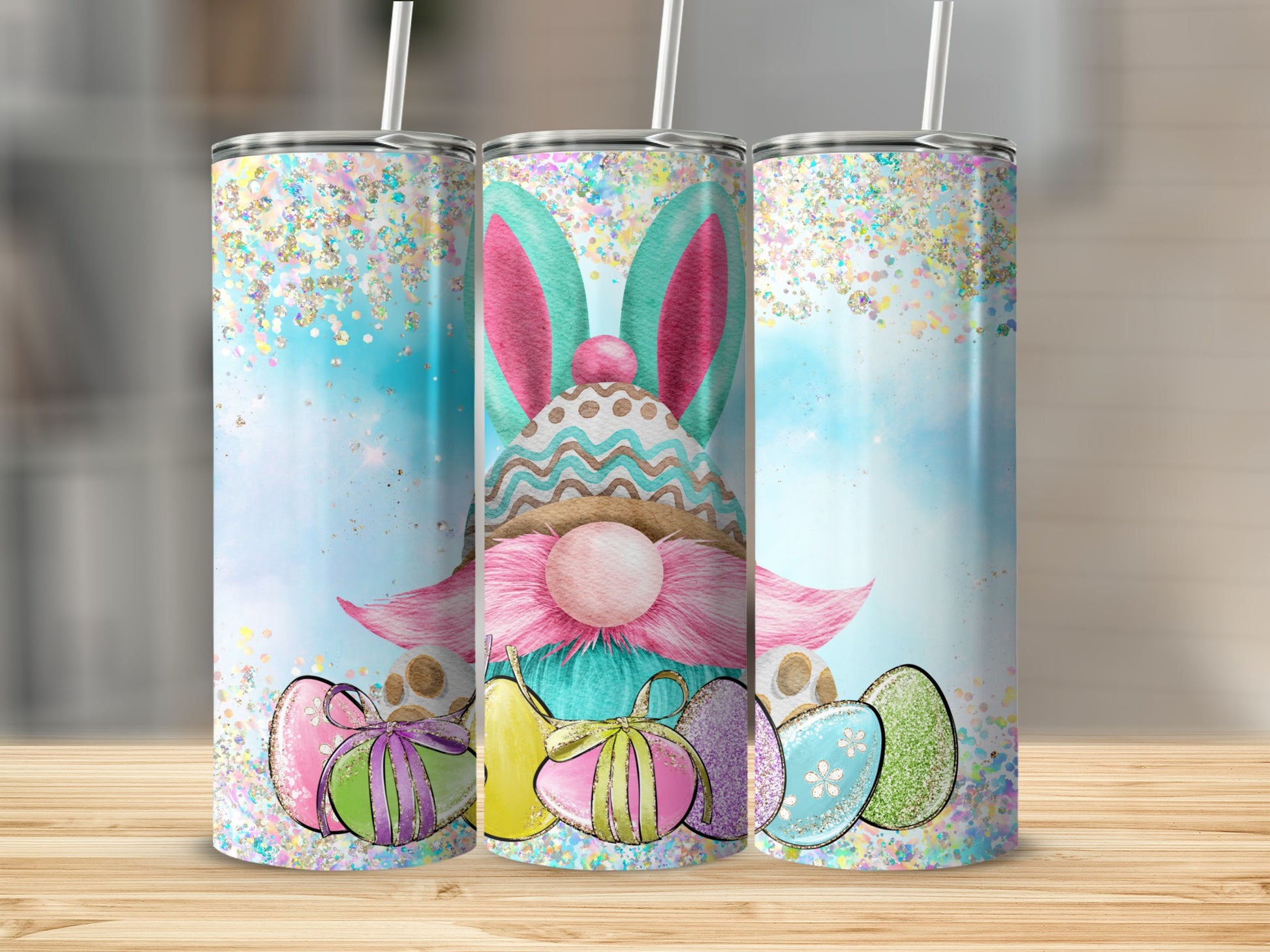 Easter gnome with colorful eggs and confetti, two tumblers side by side.