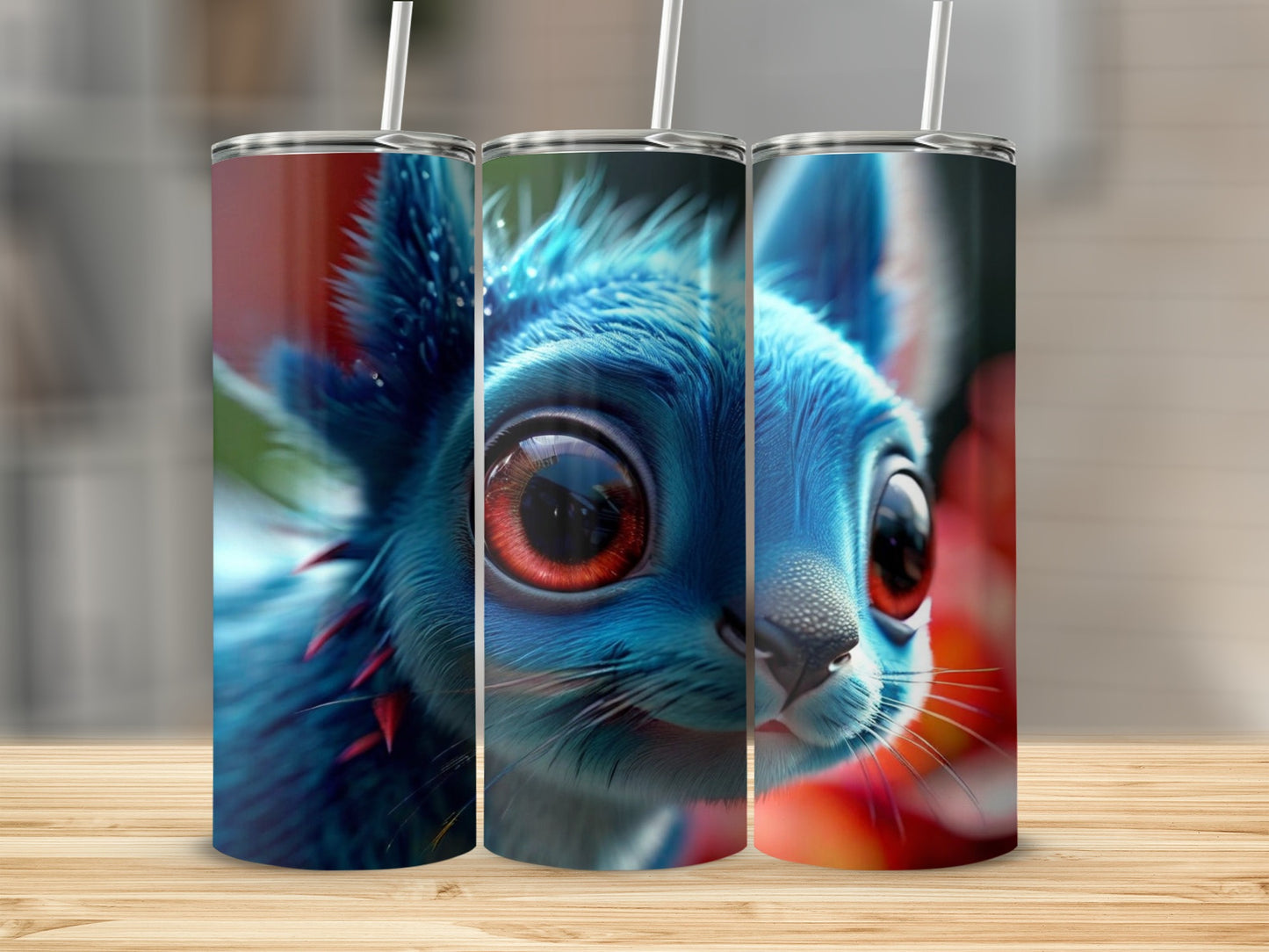 Blue creature with large red eyes on three tumblers.