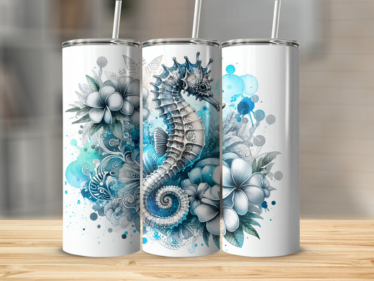 Three tumblers with seahorse and floral watercolor designs.