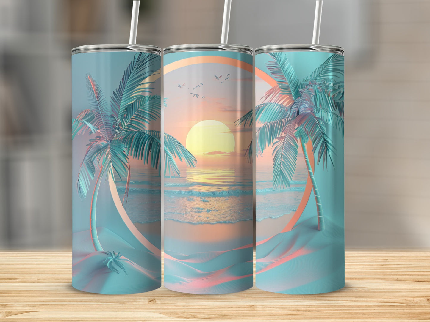 Three tumblers with a sunset beach scene featuring palm trees and ocean waves.