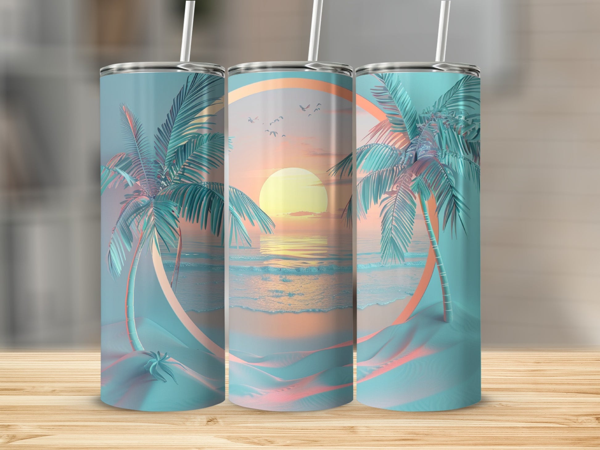 Three tumblers with a sunset beach scene featuring palm trees and ocean waves.