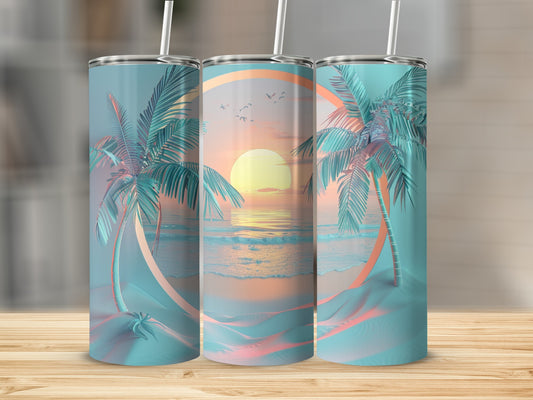 Three tumblers with a sunset beach scene featuring palm trees and ocean waves.