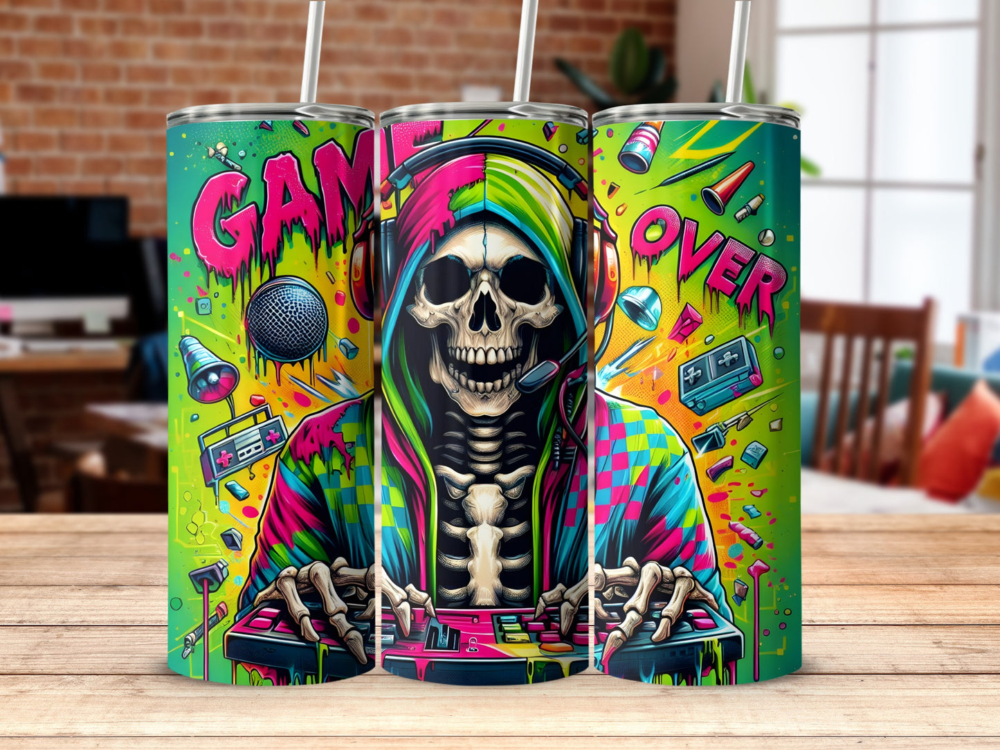 Colorful Skull Gaming Tumbler Game Over Design