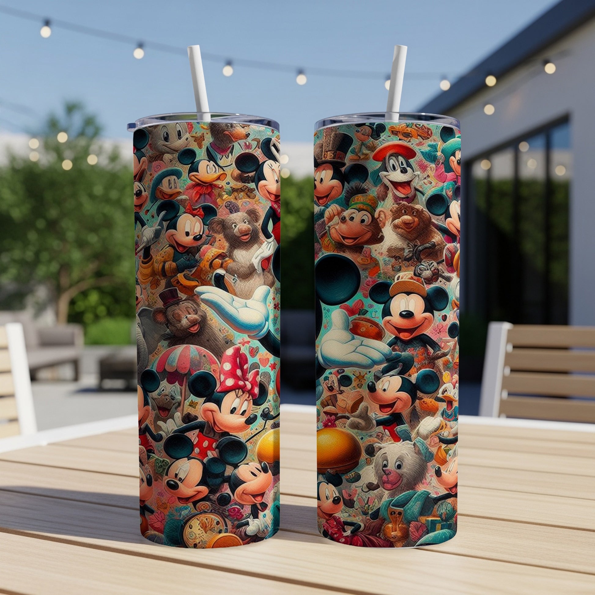Two skinny tumblers featuring a collage of classic Disney characters.