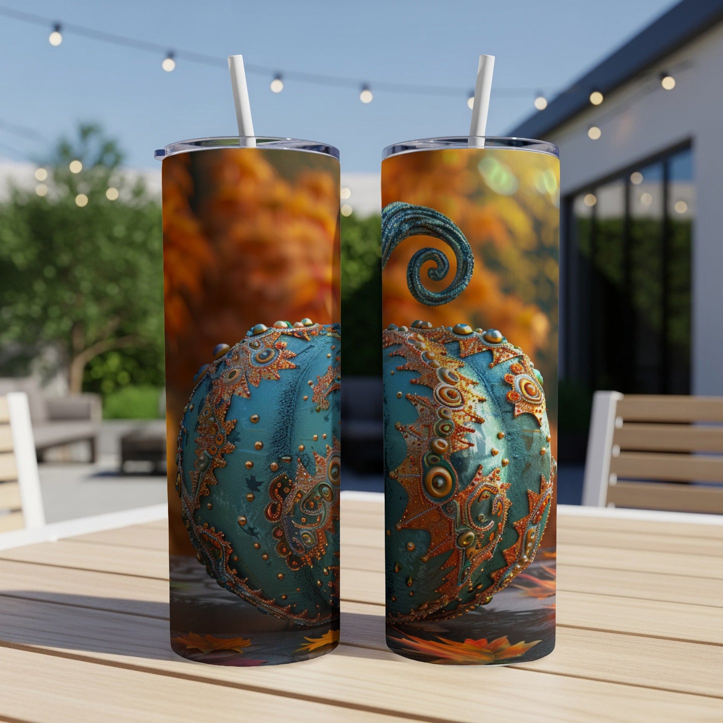 Two tumblers featuring an ornate teal pumpkin with gold embellishments.